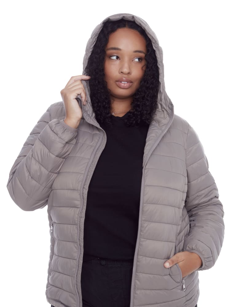 Front of a model wearing a size 2X Women's Plus Size - YOHO | Vegan Down Lightweight Packable Puffer Jacket & Bag in Taupe by Alpine North. | dia_product_style_image_id:320698
